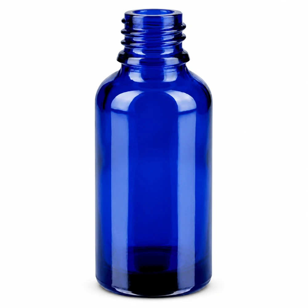 Kompakti 30 ml:n lasipullo syvänsinisellä 11 mm:n kierteellä nesteiden tarkkaan annosteluun.