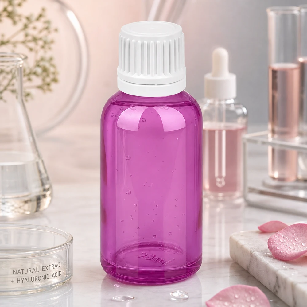 Violetti 30ml kosmetiikkapullo valkoisella ruuvikorkilla seerumeille ja kasvohoidolle.
