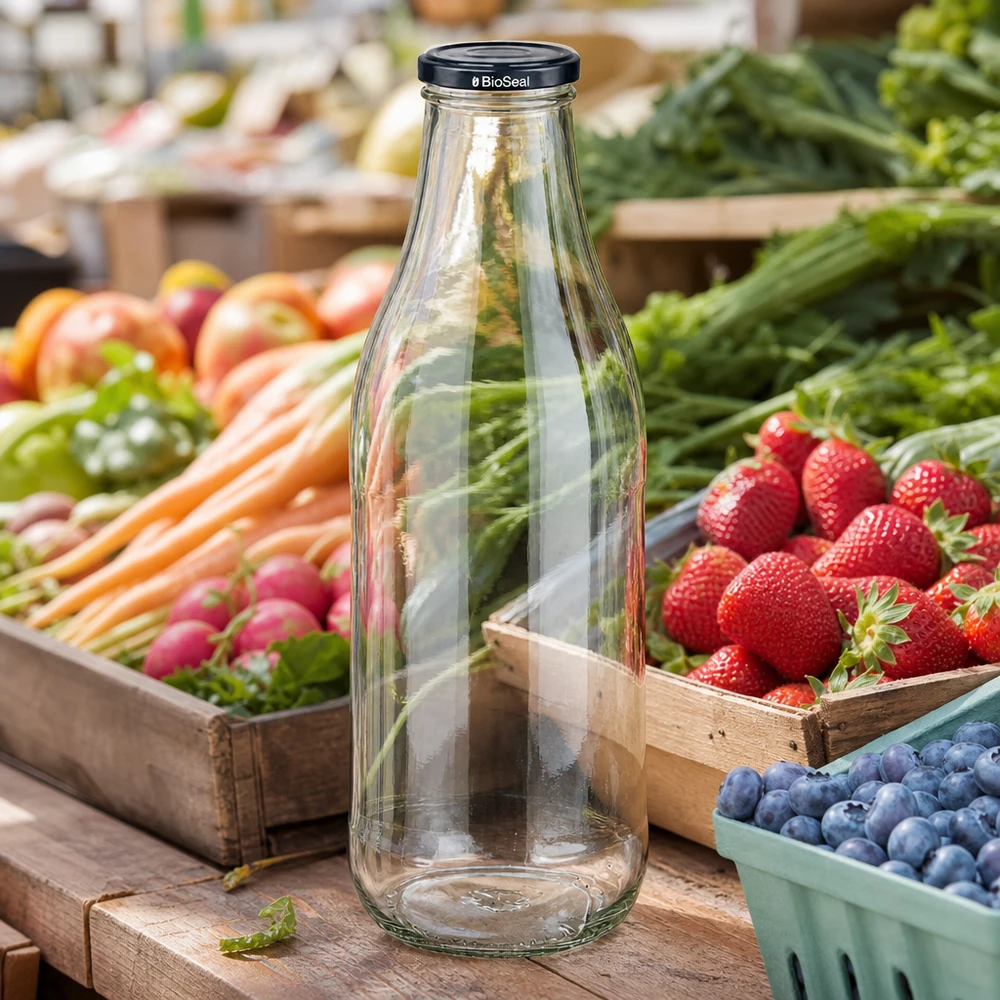 1000ml lasipullo + BioSeal-kansi musta UNiTWIST 1000ml lasipullo BioSeal kansi musta markkinakoju tuoreet hedelmät vihannekset mansikat mustikat kestävä alueellinen