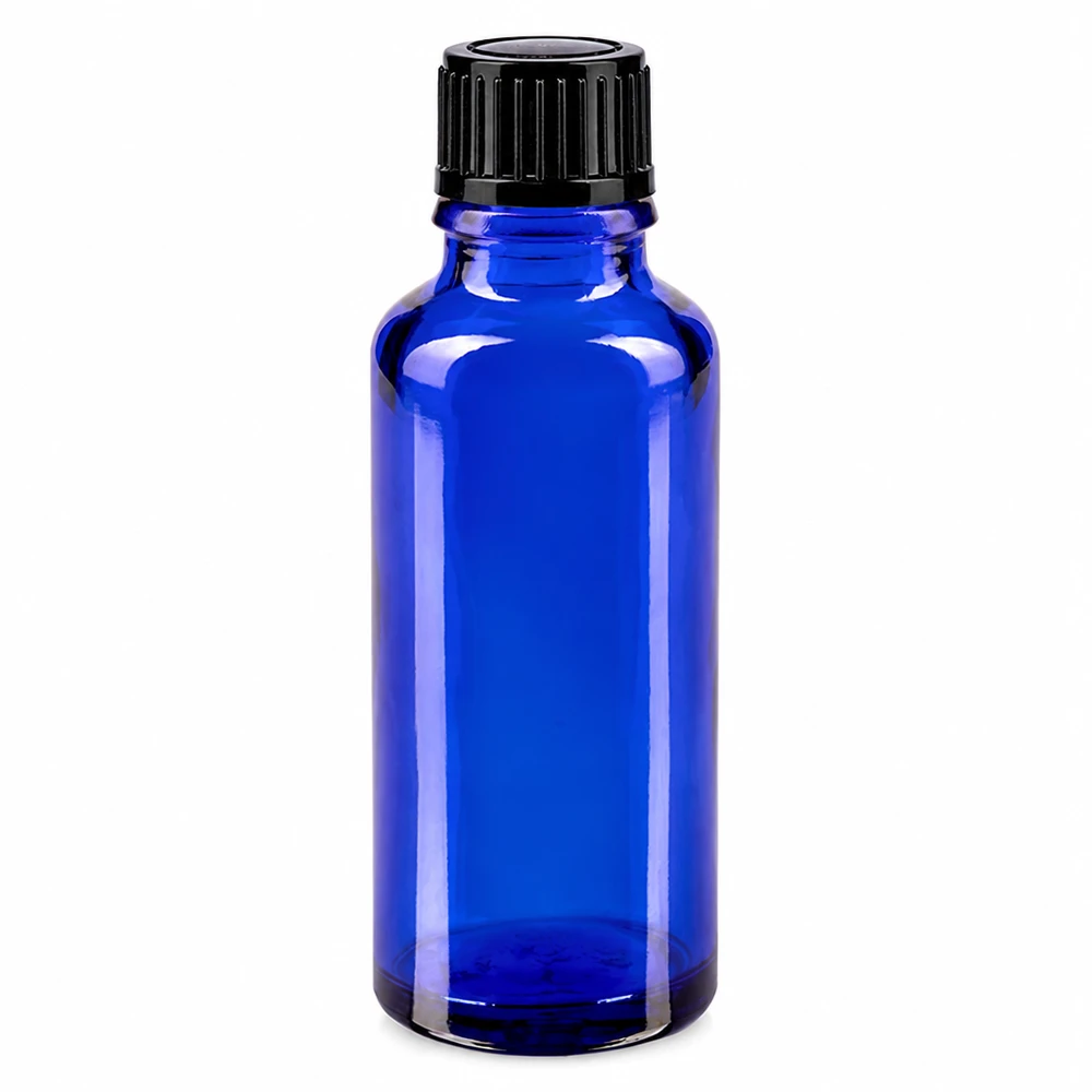 30 ml:n sininen lasinen apteekkipullo, jossa on musta vakiomallinen 11 mm:n korkki