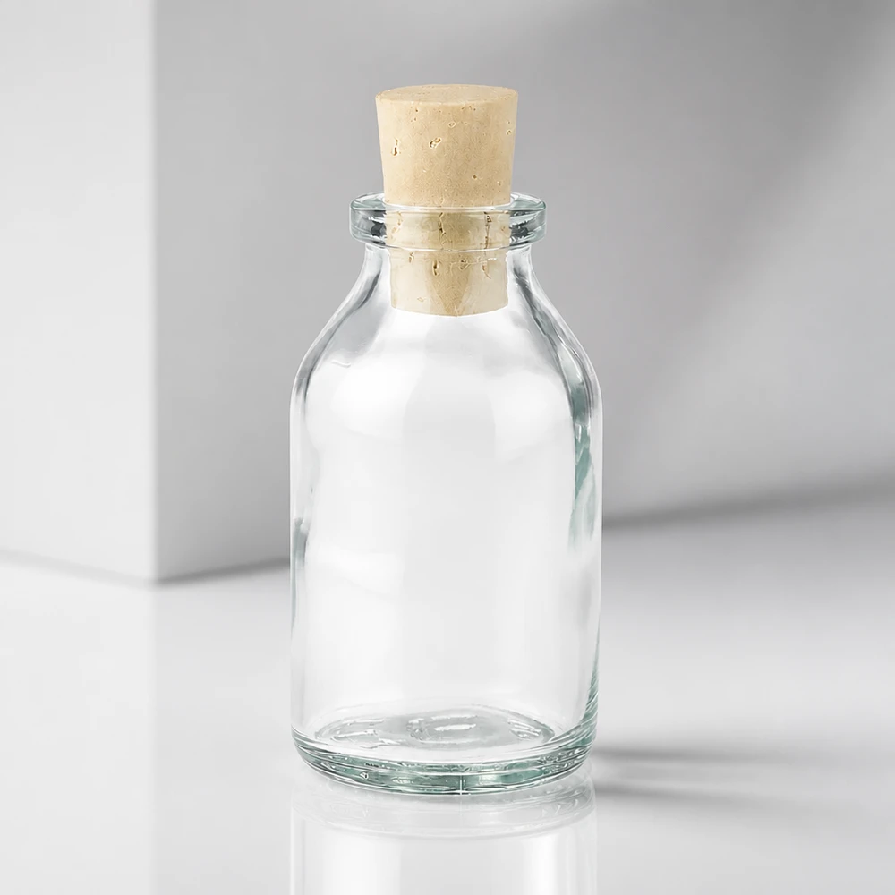 Kirkas lasipullo 20ml, jossa on korkki 11/14mm Wiederverschließbare Glasflasche 20ml mit Naturkorken für Öle und Essenzen