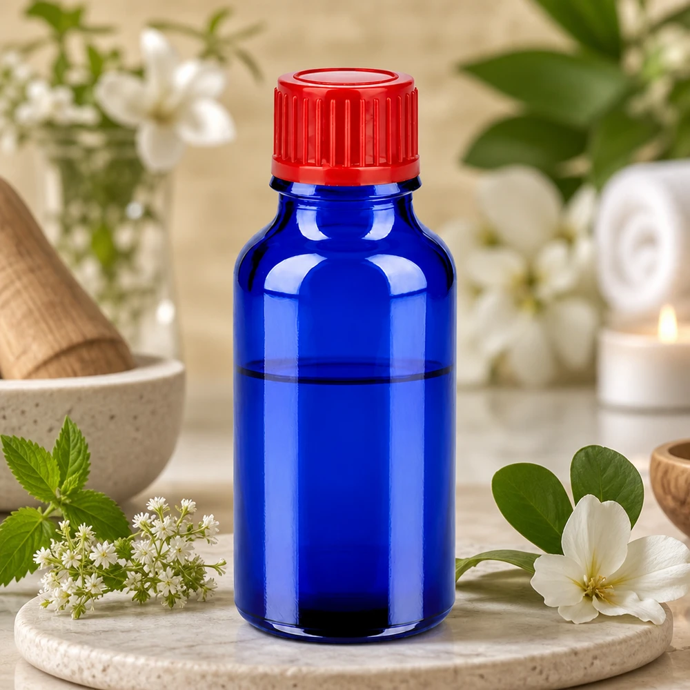 20ml pullo 11mm kierrekorkki punainen standardi BlueLine UT18/20 Kompakti 20 ml:n kirkkaan sininen lasipullo, jossa on käytännöllinen punainen korkki mobiilisovelluksiin.