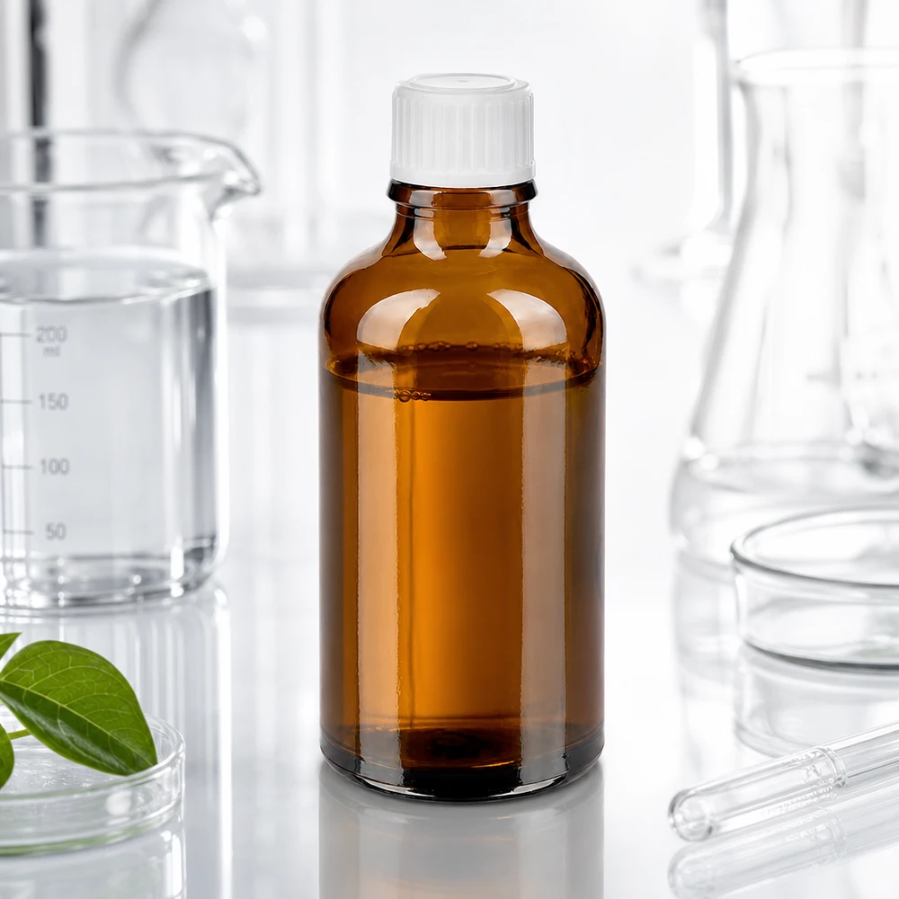 Apteekkipullo ruskea 50ml kierrekorkki valkoinen standardi 50 ml:n ruskealasi pullo, jossa on valkoinen vakiokorkki, ammattimaisessa laboratorioympäristössä