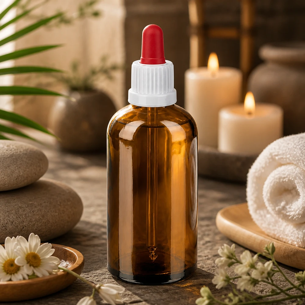 100ml meripihkanvärinen lasipullo, jossa on pipettikiinnitys, ihanteellinen kosmetiikkaan ja aromaterapiaan.