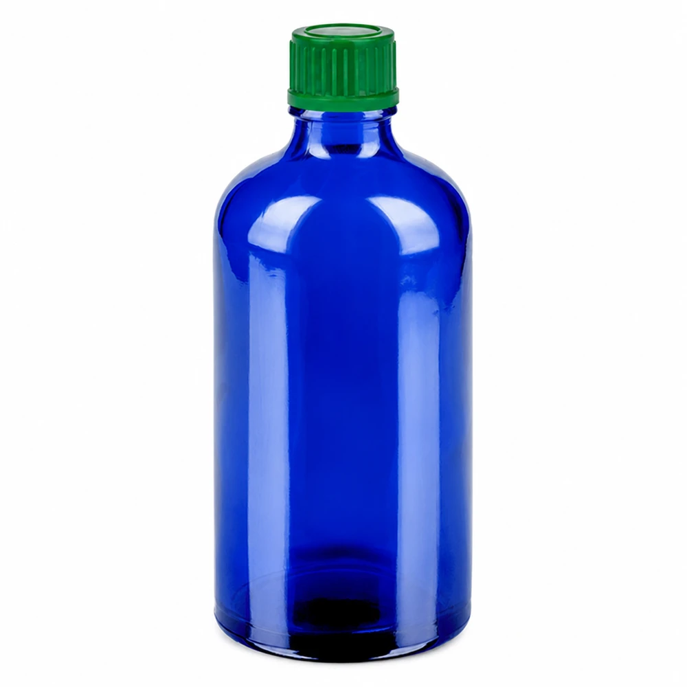 100ml pullo 11mm kierrekorkki vihreä Standard BlueLine UT18/100 100ml sininen lasipullo, jossa vihreä kierrekorkki kosmetiikkaan ja lääkkeille