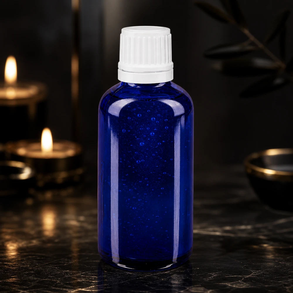 Apteekkipullo sininen 50ml tippapullo tippakorkki 1.2mm valkoinen peukaloinninestokorkki Hoikka sininen lasipullo, 50 ml, valkoisella kierrekorkilla, tumman marmorin päällä