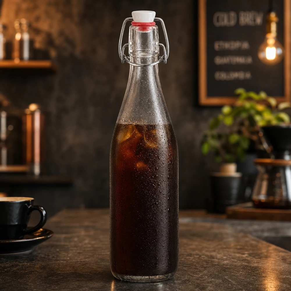 500 ml:n lasipullo, jossa on kääntyvä korkki ja joka on täytetty kylmällä kahvilla maalaismaisessa kahvilatunnelmassa.
