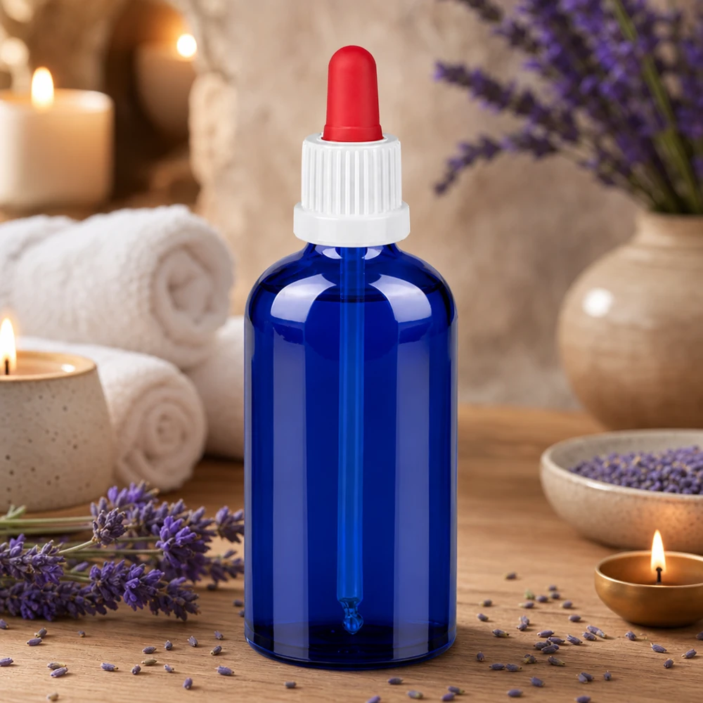 100ml pipettipullo musta valkoinen/punainen väärentämisen estävä sulkeminen BlueLine UT18/100 Korkealaatuinen 100ml pipettipullo tyylikkäässä sinisessä värissä, jossa on käytännöllinen tiputusjärjestelmä aromaterapiaa varten.