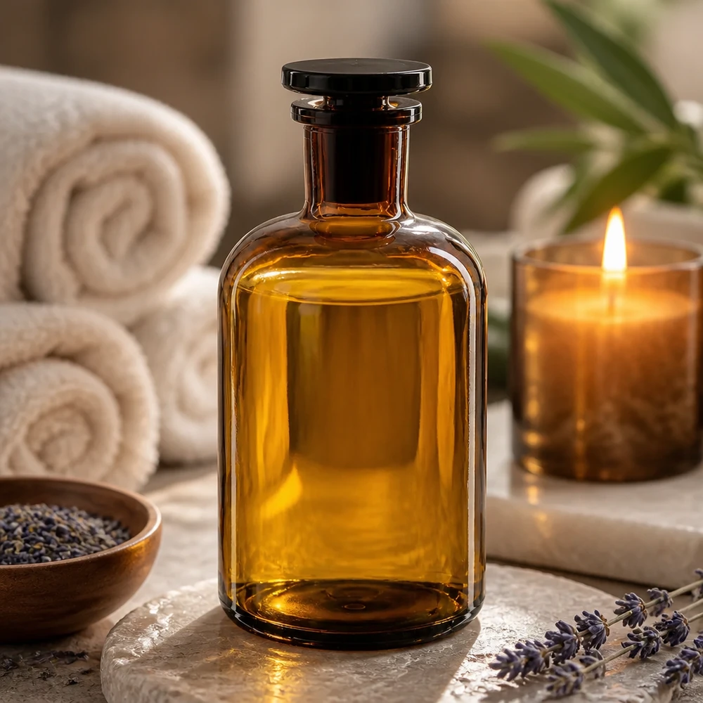Pyöreä olkapääpullo 500ml ruskea kapeakaulainen lasitulppa Spa Ambiente -ruskea pyöreäolkapullopullo 500 ml, kapeakaulainen, lasikorkki, eteeristen öljyjen säilytys