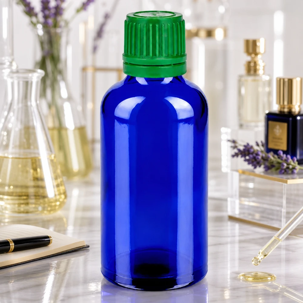 50ml pullo 11mm kierrekorkki vihreä väärentämisen estävä korkki BlueLine UT18/50 BlueLine UT18/50 Ammattimainen 50 ml:n laboratoriolaite, jossa sininen lasipullo ja vihreä kierrekorkki SV