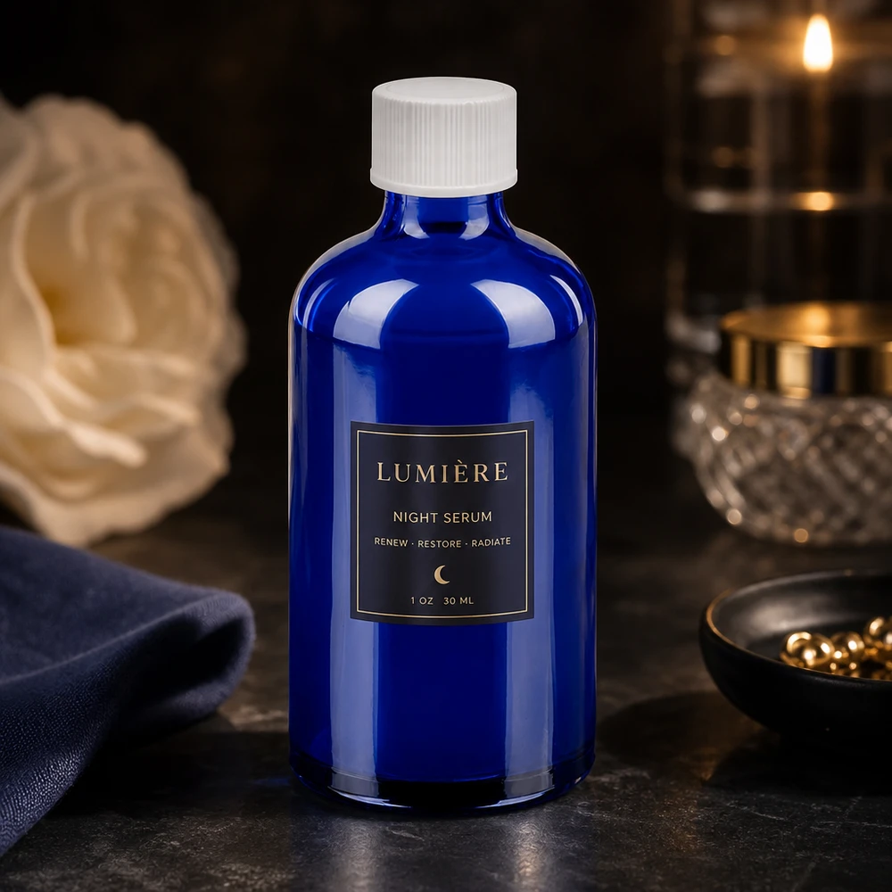 Premium BlueLine -lasipullo 100ml UV-suojalla ja valkoisella vakiokorkilla seerumeille.