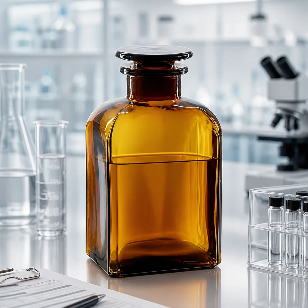 Nelikulmainen pullo 500ml ruskea leveäkaulainen lasitulppa 500 ml:n ruskea, valolta suojaava borosilikaattilasipullo, jossa on leveä kaula ja litteä lasitulppa