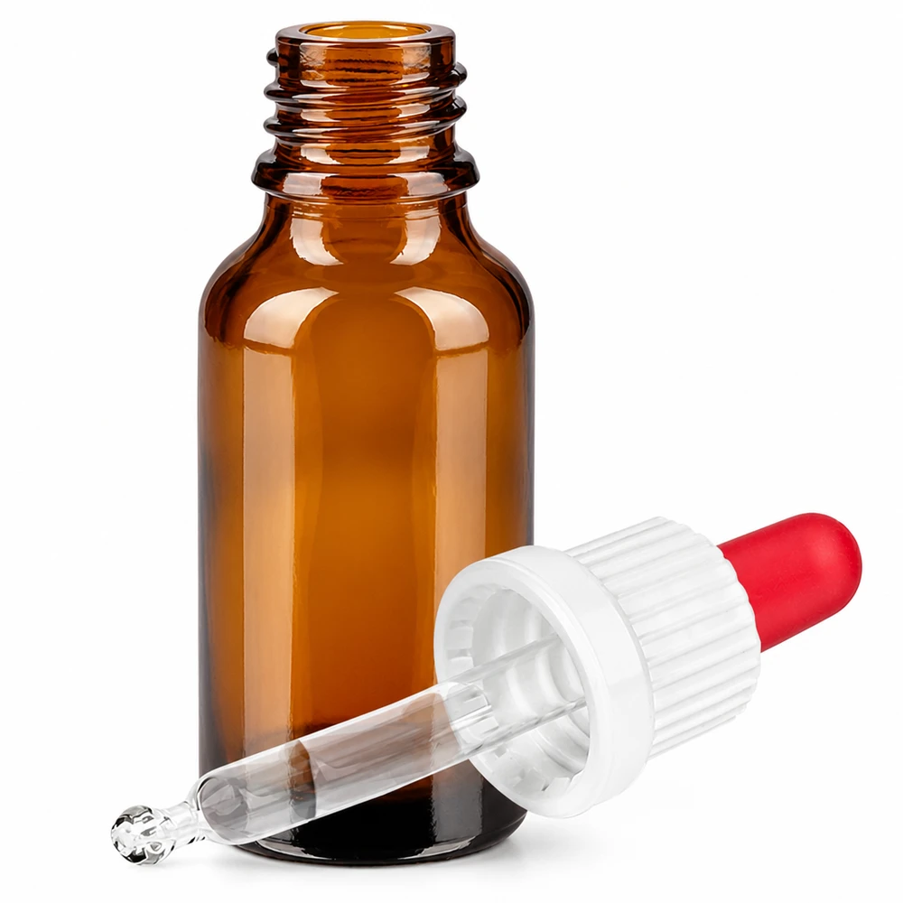 20ml meripihkalasipullo, jossa pipettikorkki tippasovelluksiin ja tarkkaan annosteluun.