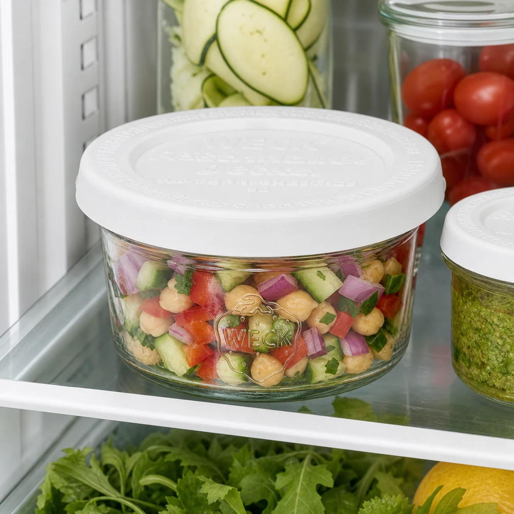 50 ml:n lasipullot, joissa on tuore kansi WECK RR60 WECK 50ml RR60 tumblers värikäs salaatti jääkaapissa tuoreiden ainesosien välissä käytännölliseen aterian esivalmistelujen säilytykseen