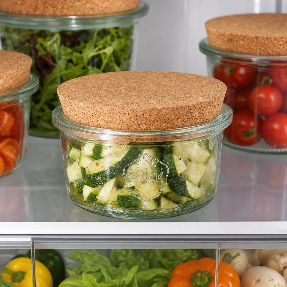 165ml juomalasit WECK RR80 korkilla luonnonvärinen WECK-purkki 165ml RR80 korkkikansi jääkaappi vihannekset kurkut tomaatit salaatti tuore varastointi Meal Prep