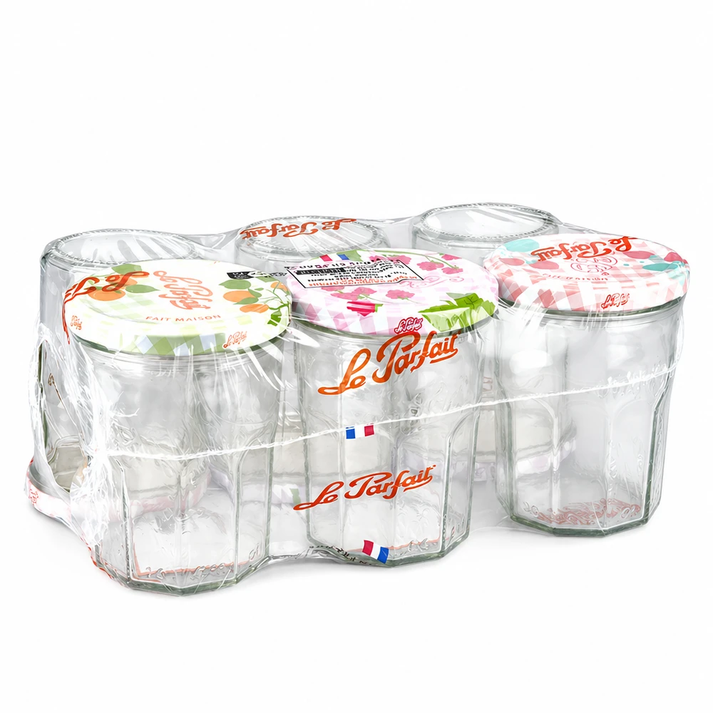 Le Parfait Jam -mukit 385 ml, 6 kpl värikkäitä, kutistepakkaukseen pakattuja ruuvikorkkeja.