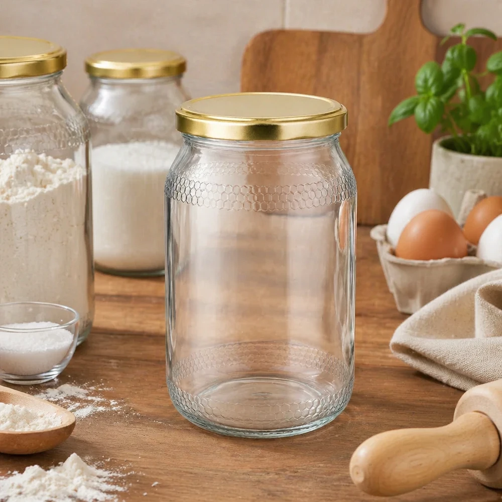Tyhjä 900ml hunajapurkki, jossa on hunajakennorakenne ja kultainen kansi maalaismaisessa keittiössä, jossa on leivonta-aineksia.