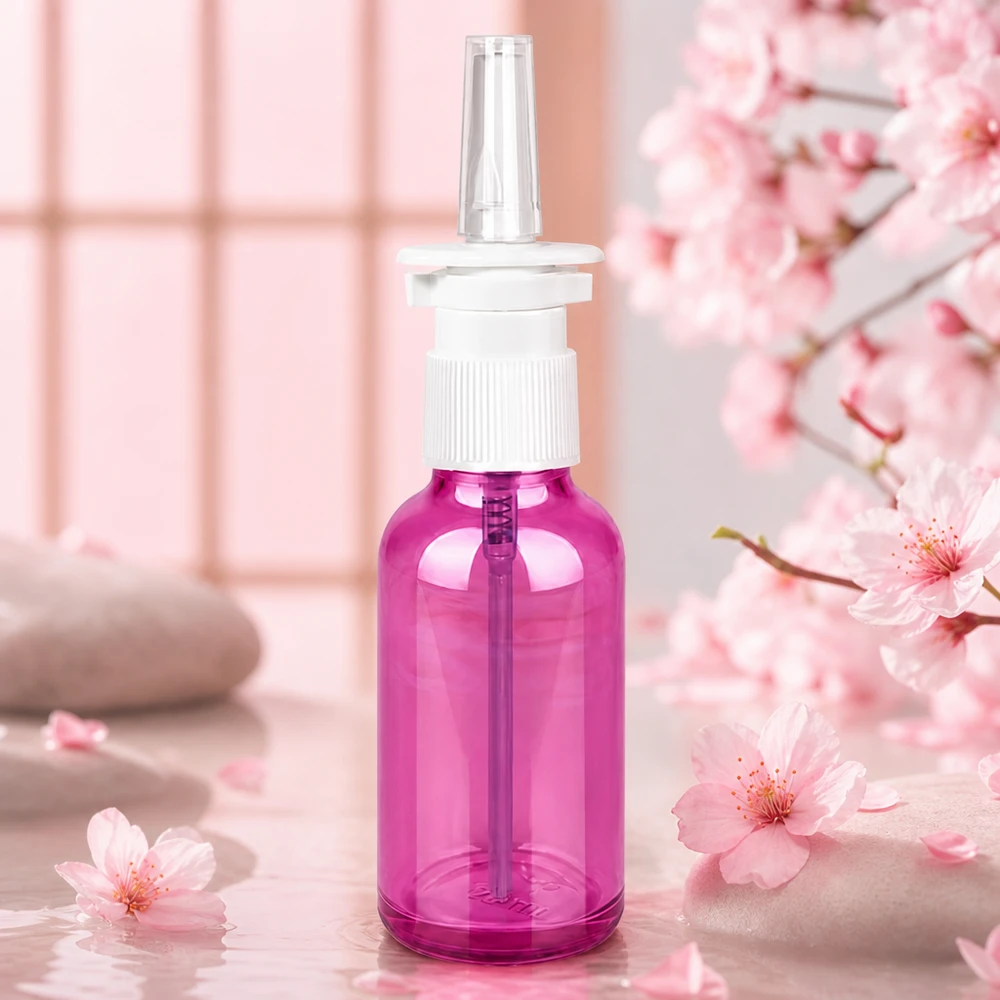 Laadukas 30 ml:n nenäsumutepullo STD-kierteellä tyylikkäässä violetissa ulkoasussa farmaseuttisille tuotteille.
