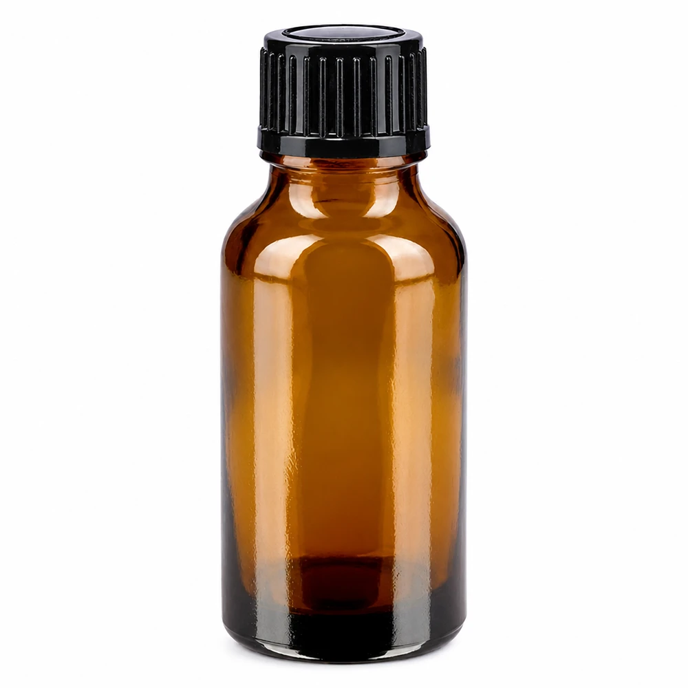 Apteekkipullo ruskea 20ml ruuvikorkki musta standardi 20 ml:n ruskea lasinen apteekkipullo, jossa on musta vakiokorkki (11 mm)