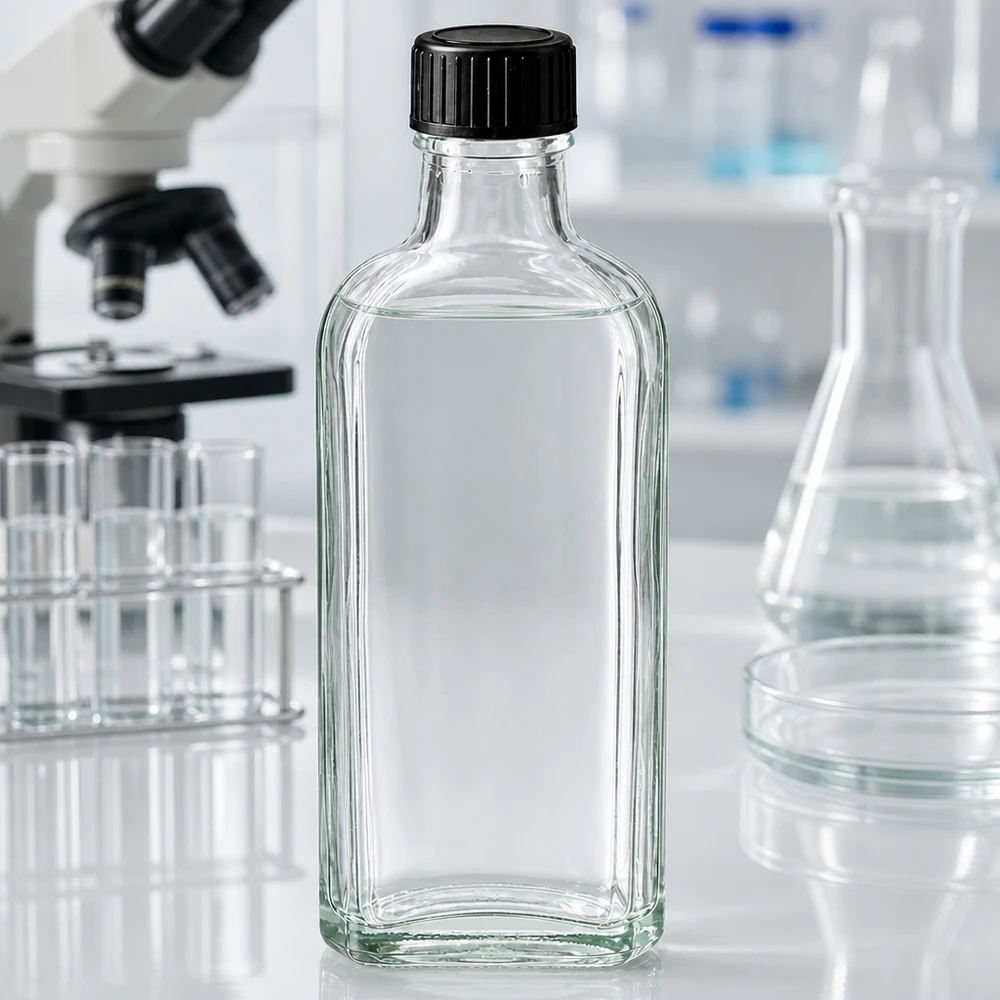 Litteä, tasapohjainen 100 ml:n lasipullo, läpinäkyvä, mustalla muovikorkilla, laboratoriokäyttöön
