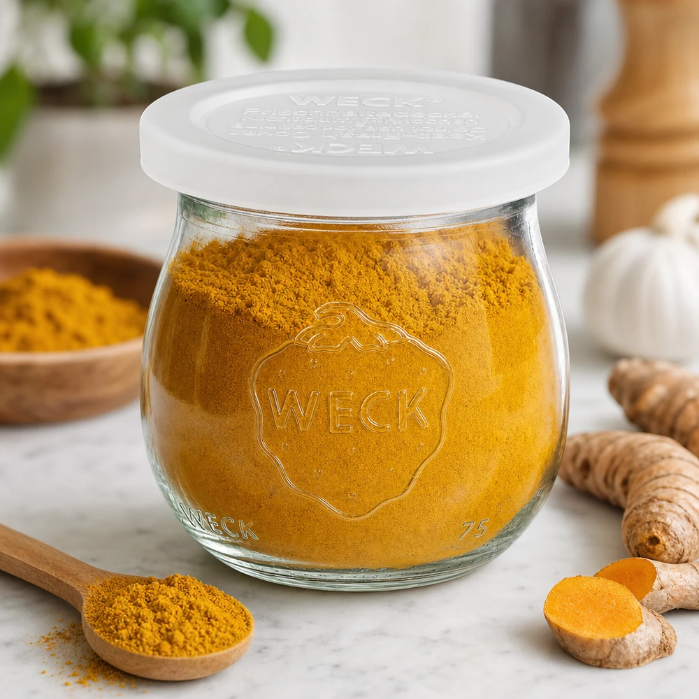 75ml tulppaanipurkki, jossa on raikkauskansi WECK RR40 WECK tulppaanipurkki 75ml RR40 täynnä kurkumajauhetta tuoreiden kurkumajuurien ja puulusikan vieressä marmorilla.