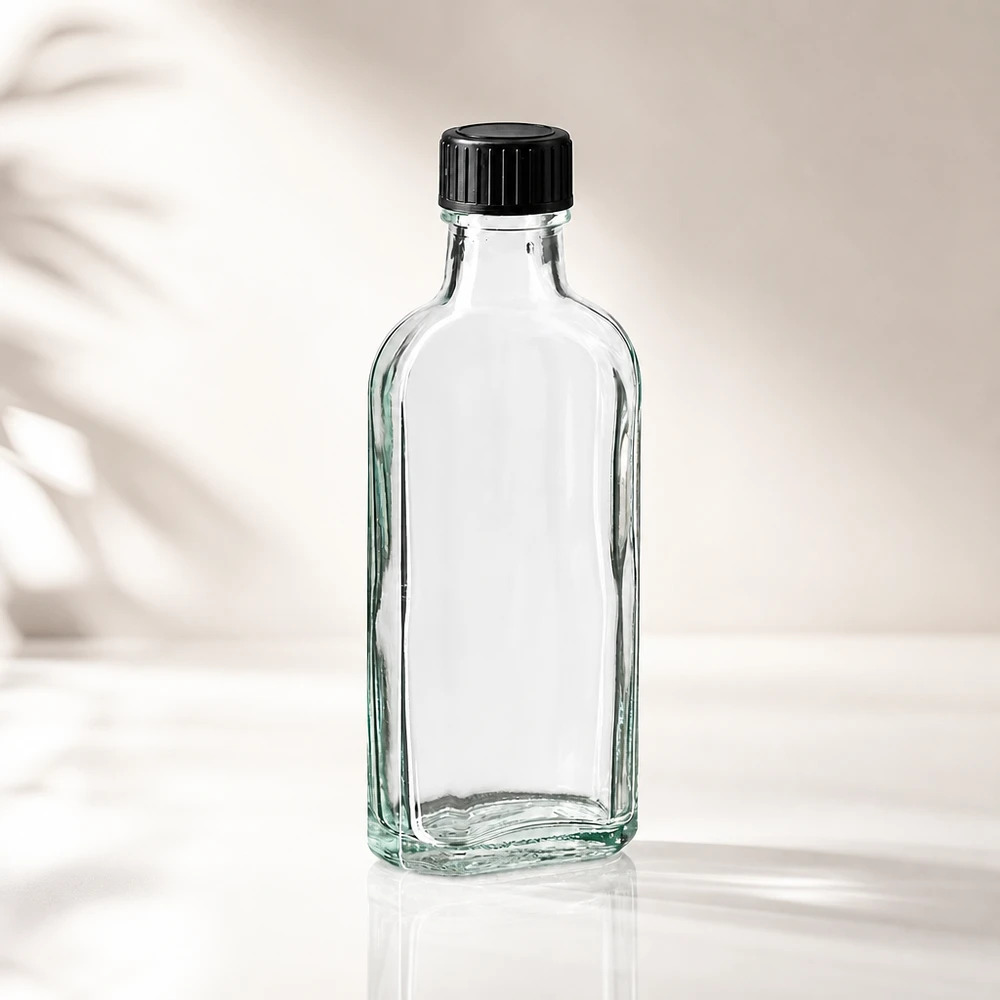 100 ml Meplat-kirkas kierrekorkki, jossa on EPE-sulkukiekko. Tyhjä, läpinäkyvä 100 ml:n Meplat-pullo, jossa on musta kierrekorkki ja EPE-tiivistelevy, edestä katsottuna