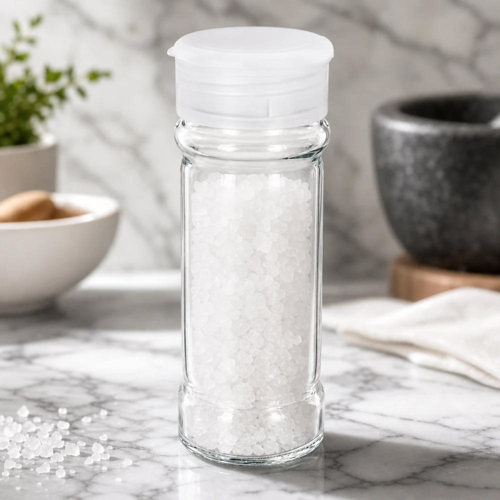 Suola-/maustepurkki 100 ml, valkoinen, ripottimella Pyöreä 100 ml:n suolapullo, jossa on valkoinen ripottelukorkki ja joka on täytetty karkealla merisuolalla, marmorialustalla