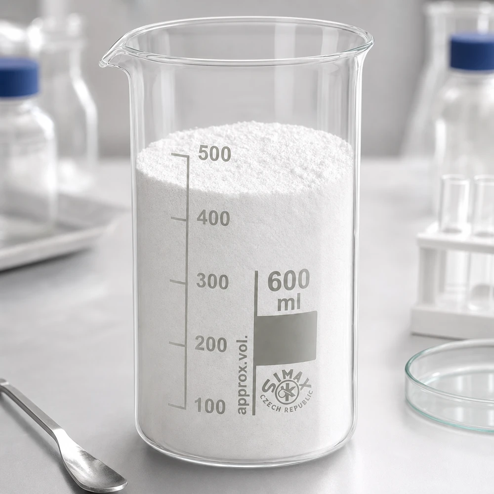 600 ml borosilikaattilasi, korkea muotoinen juomalasi 600 ml:n korkea koeputki, joka on täytetty valkoisella jauheella, laboratoriopöydällä laboratoriotarvikkeiden keskellä