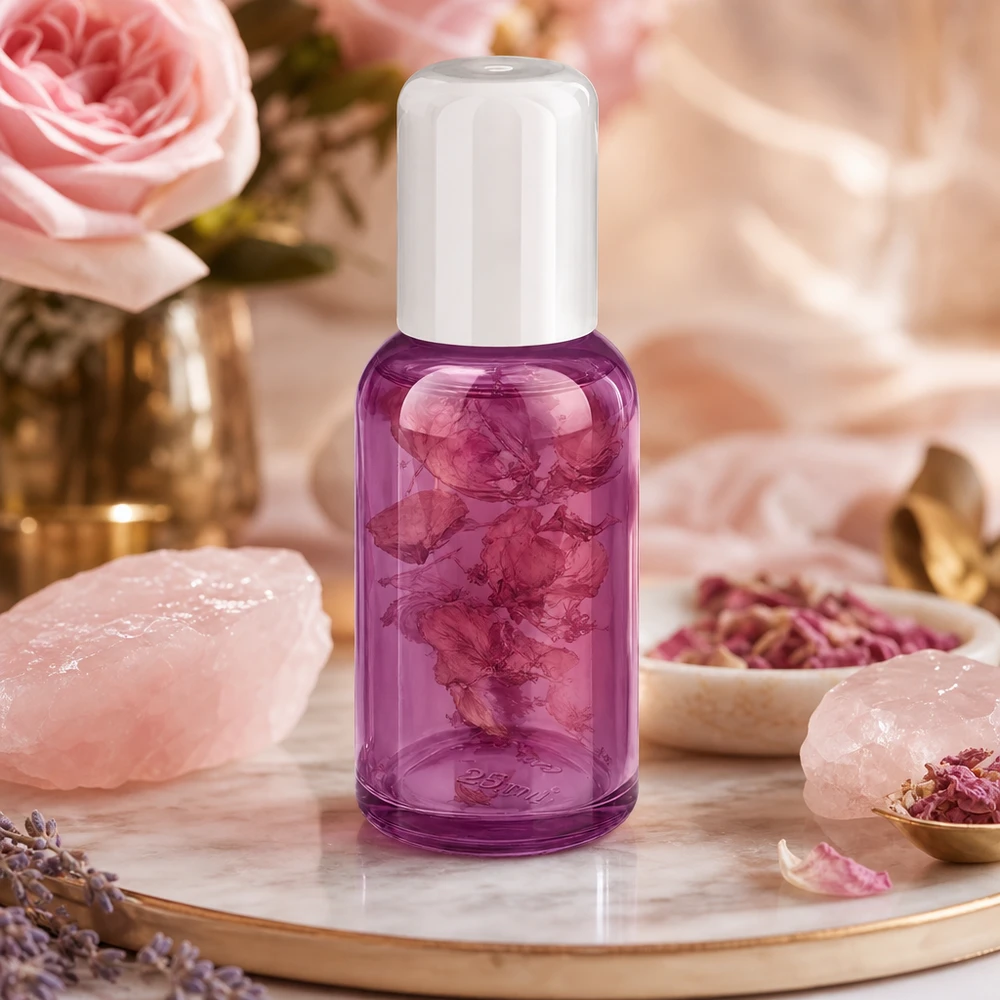 Violetti lasinen roll-on pullo 30ml, jossa on kuivattuja ruusun terälehtiä luonnolliseen aromaterapiaan.