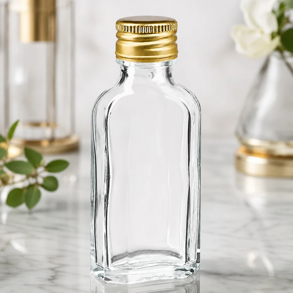 Litteä 50 ml:n Meplat-lasipullo, jossa on kultainen alumiinikorkki PP22, marmoripohjalla