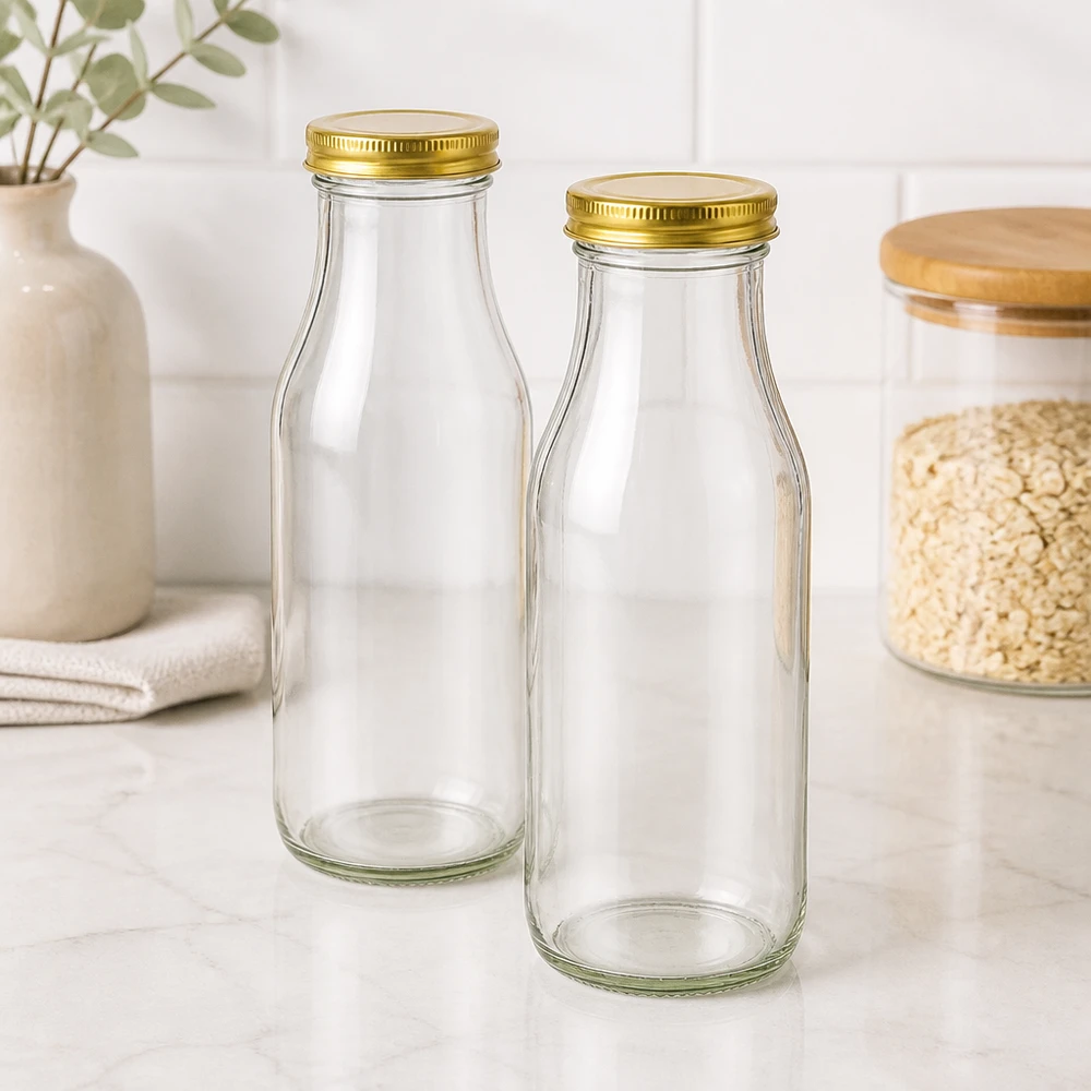 263ml pullo kultaisella UNiTWIST BioSeal-kannella. Kaksi UNiTWIST Bottle263 -lasipulloa, joissa on kultaiset TO43 BioSeal-kannet modernissa keittiössä kaurapuurojen säilytyspurkin vieressä.