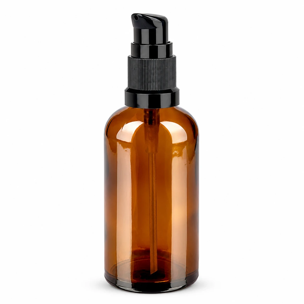 Ruskea lasipullo 100ml mustalla pumppuannostelijalla seerumeille ja öljyille.