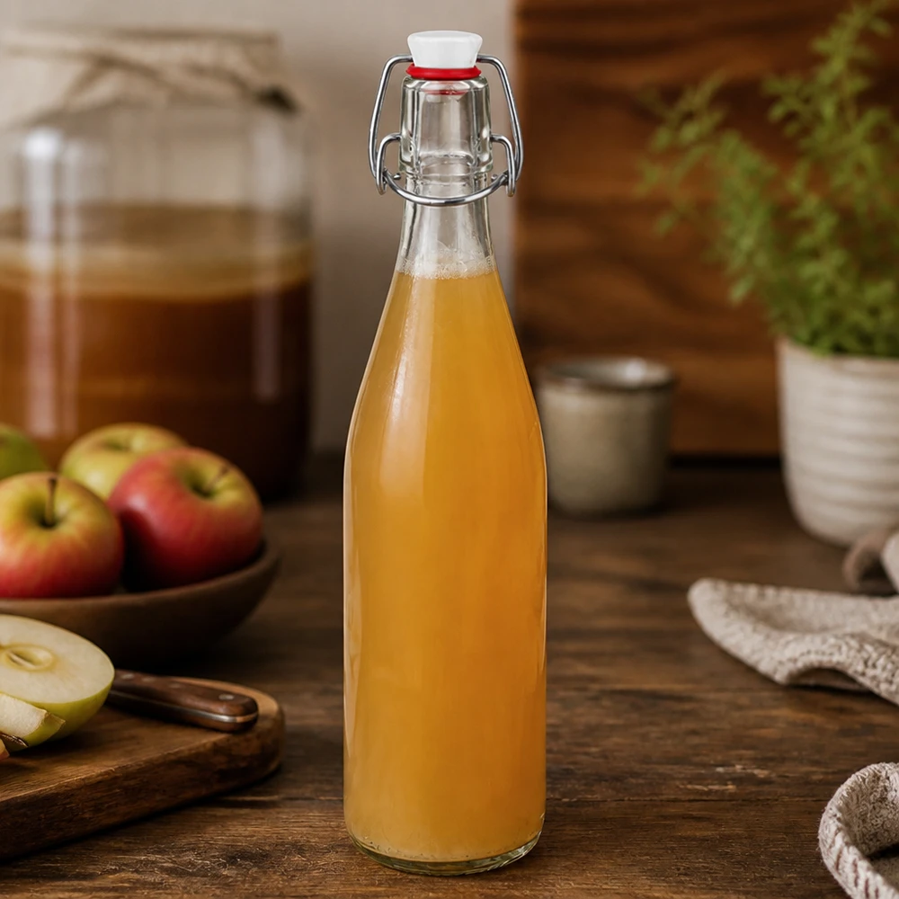 Glasflasche 500ml mit Bügelverschluss gefüllt mit Apfelsaft in rustikaler Küche neben frischen Äpfeln auf Holzbrett