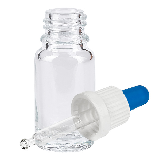 10ml pipettipullo valkoinen/sininen sulkeminen väärentämisen estävällä sulkimella ClearLine UT18/10. 10 ml:n kirkas lasinen pipettipullo, jossa on valkoinen tiputusputki ja sininen kumipallo, avattuna