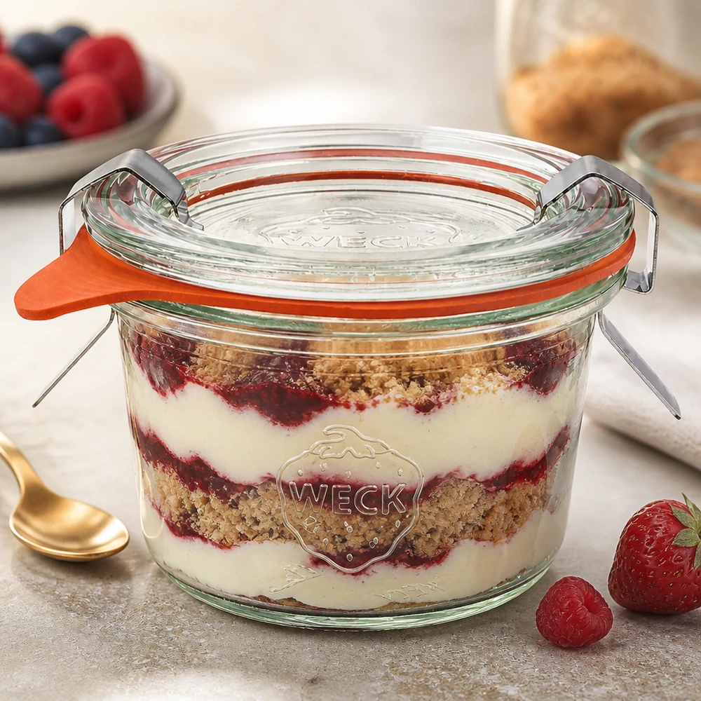 80 ml:n tumppupurkki täydellisenä WECK RR60 WECK-maljat 80ml RR60, jossa on kerroksellinen jälkiruoka Tiramisu, osoittaa monipuolisen käytön jälkiruokiin ja annosteluun.