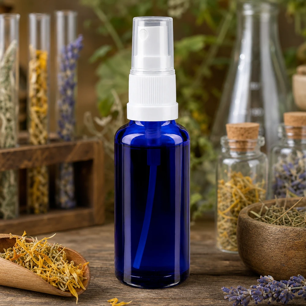 Apteekkipullo sininen 30ml ruiskutuskorkki valkoinen 30 ml:n sininen apteekkilasipullo, jossa on sumutinpää, kuivattujen lääkekasvien, puisen kulhon ja lasiastioiden välissä
