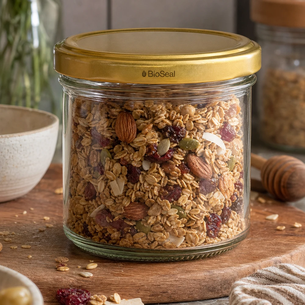 125 ml:n lasipullot, joissa on kultainen UNiTWIST BioSeal -kansi. UNiTWIST 125ml Vorratsglas mit Müsli und Nüssen - goldener TO66 Deckel für luftdichte Aufbewahrung von Granola