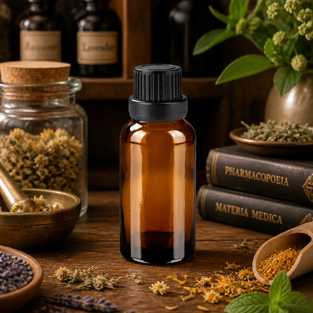 20ml tippapullo 2mm musta väärentämisen estävä sulkeminen BrownLine UT18/20 Apteekkipullo 20ml, jossa on tarkka 2mm tippaputki homeopaattisille lääkkeille ja esansseille.