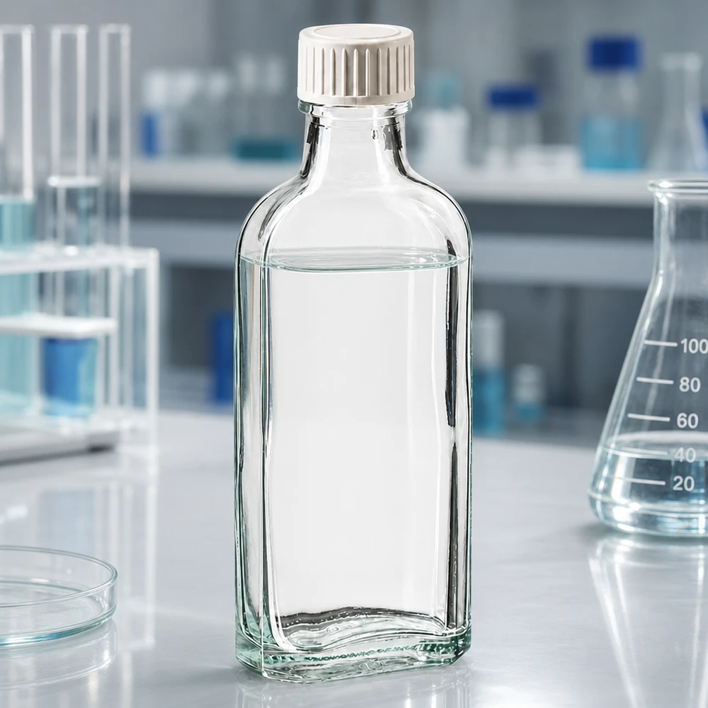 Pieni 100 ml:n laboratoriopullo, jossa on PE-vaahtomuovisisäosa ruuvikorkissa, valkoisella laboratoriopöydällä