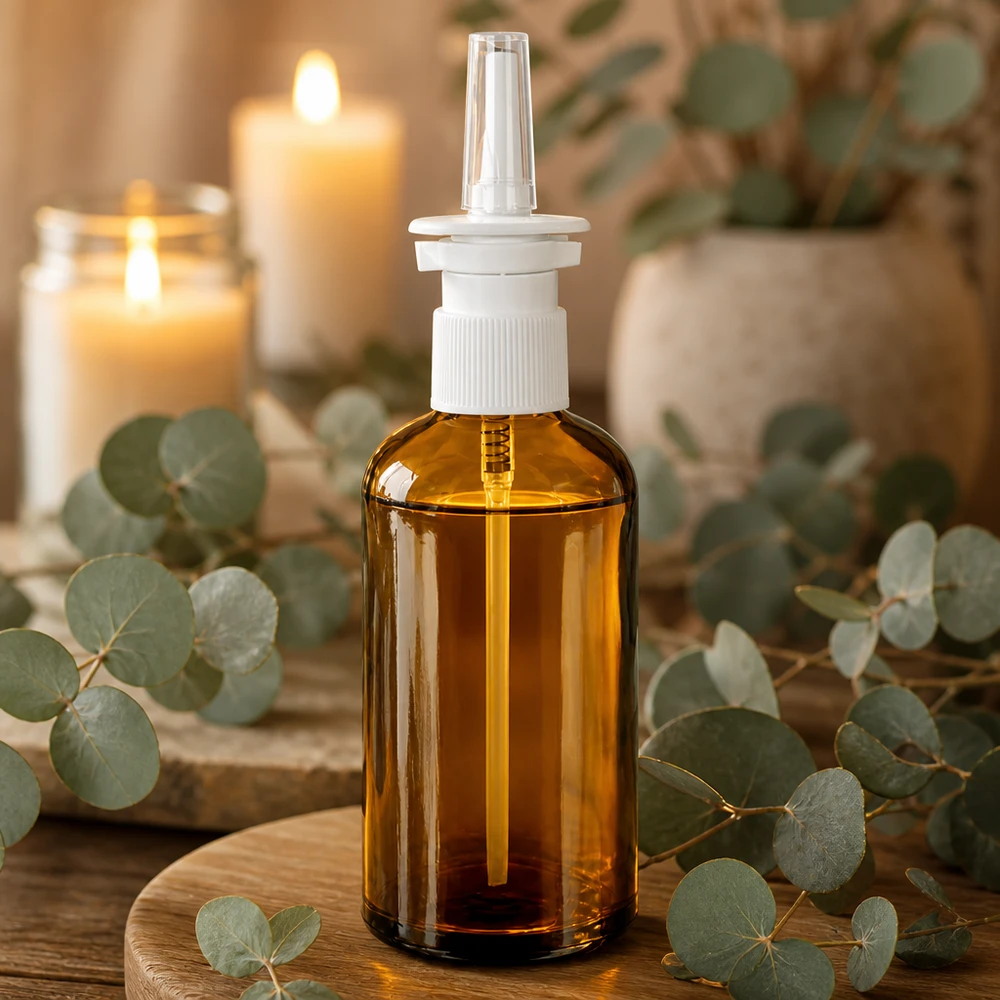 Lääketieteellinen nenäsumutepullo 100ml ruskeasta lasista valkoisella pumppusumuttimella apteekkeihin