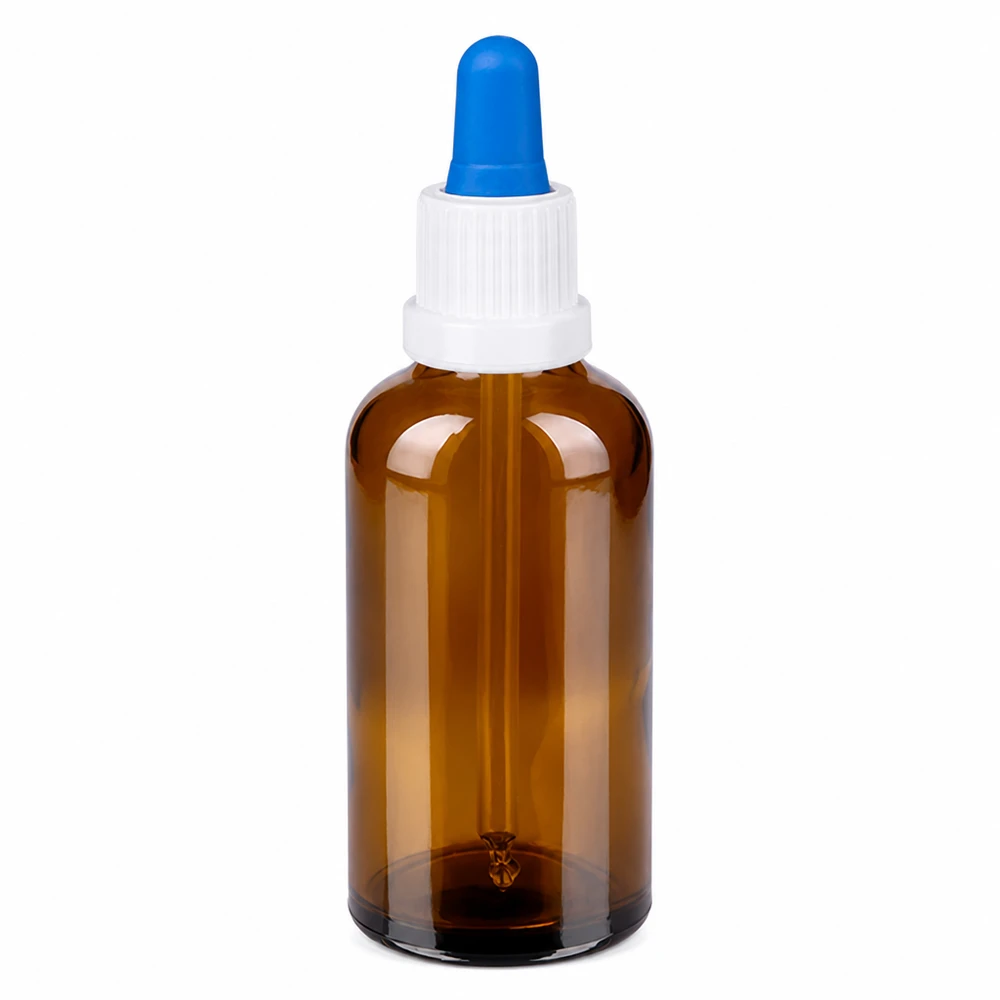 50ml pipettipullo valkoinen/sininen väärentämisen estävä sulkeminen BrownLine UT18/50 50 ml:n pipettipullo, joka on valmistettu meripihkalasista, jossa on valkoinen korkki ja sininen pipettiläpivienti