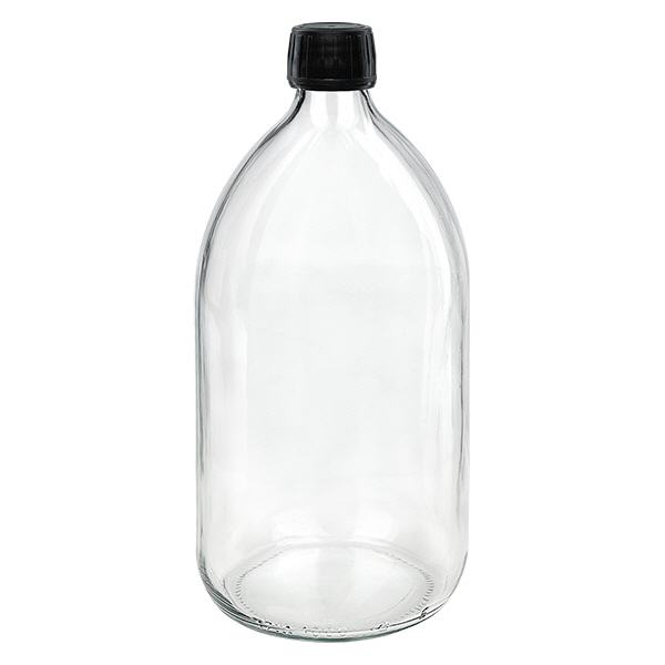 1000ml lääkepullo kirkas, musta korkki, jossa peukaloinnin estävä rengas ApoGlas