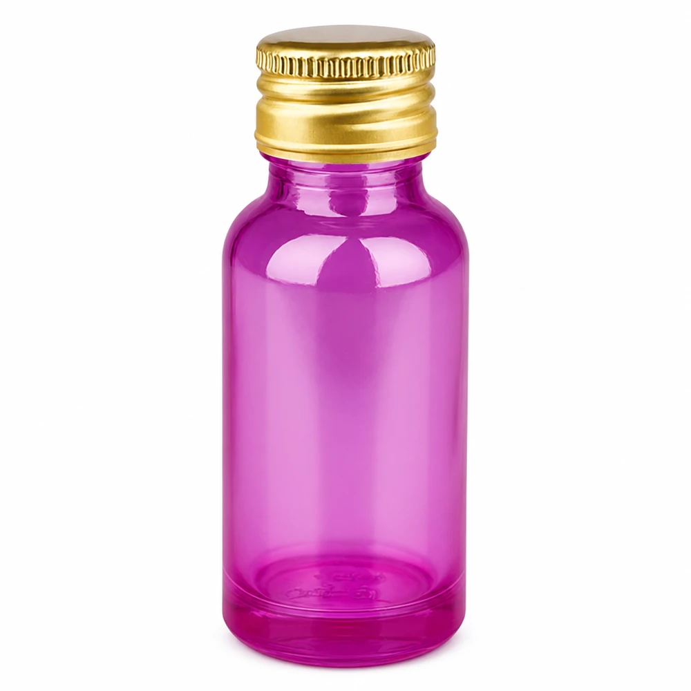 20ml pullo 11mm kierrekorkki alumiininen kultainen standardi PurpleLine. UT18/20 20ml lasipullo violetti läpinäkyvä, kultainen alumiinikorkki 11mm kierre