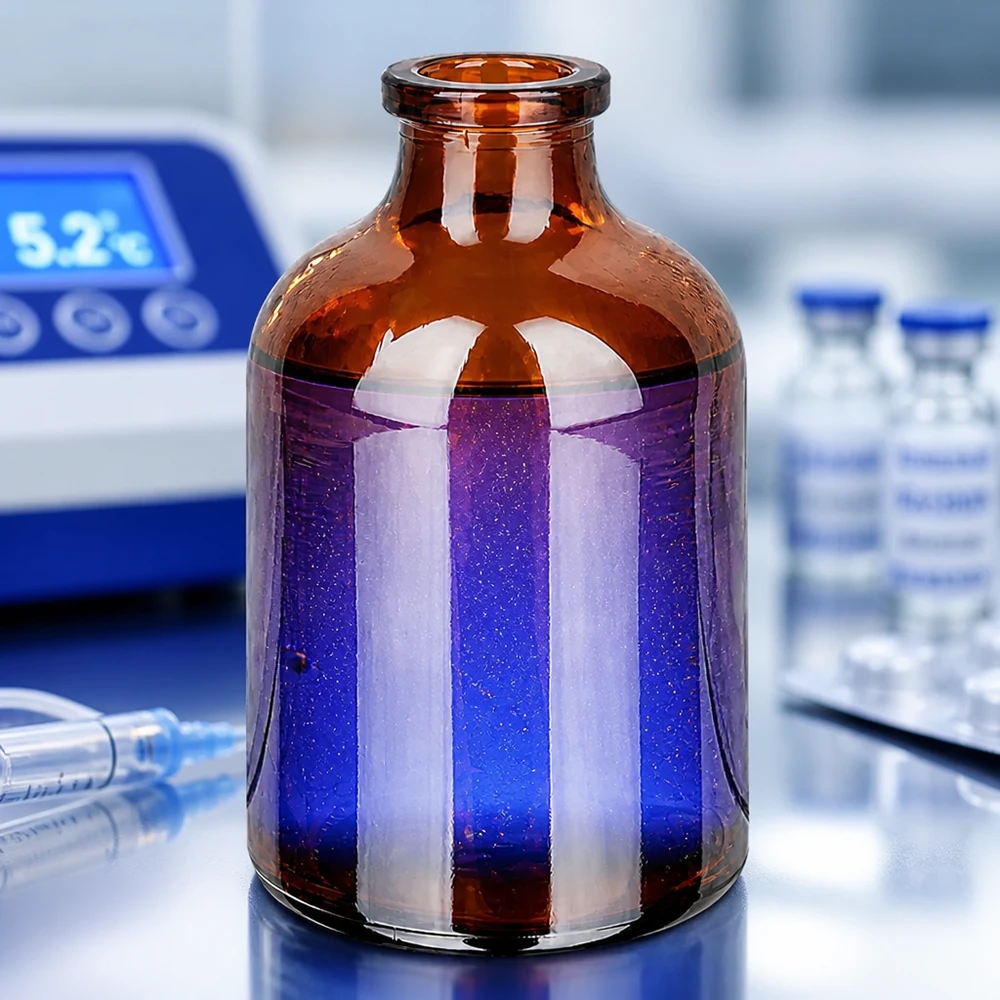 Injektionsflasche Braunglas 50ml mit violett schimmerndem Inhalt und Temperaturgerät im Hintergrund