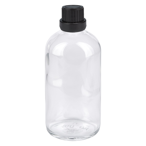 100ml tippapullo 2mm musta tamper-evident korkki ClearLine UT18/100 100 ml:n kirkas lasinen tiputuspullo, jossa on musta alkuperäiskorkki, ClearLine-sarja UT18