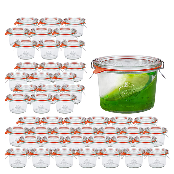 Setti 48 Weckin 80 ml:n juomapulloa, joissa on 48 lasikantta. Setti 48 Weckin 80 ml:n juomapulloa, joissa on 48 lasikantta.