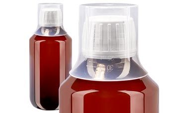 Ruskeat PET-lääkepullot valkoisella korkilla + mittamukilla