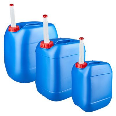 Sininen kanisteri, jossa joustava tyhjennyshana